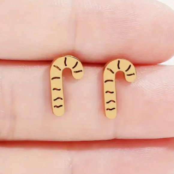 Candy Cane Laser Cut Gold Toned Christmas Holiday Stud Earrings - Picture 1 of 2